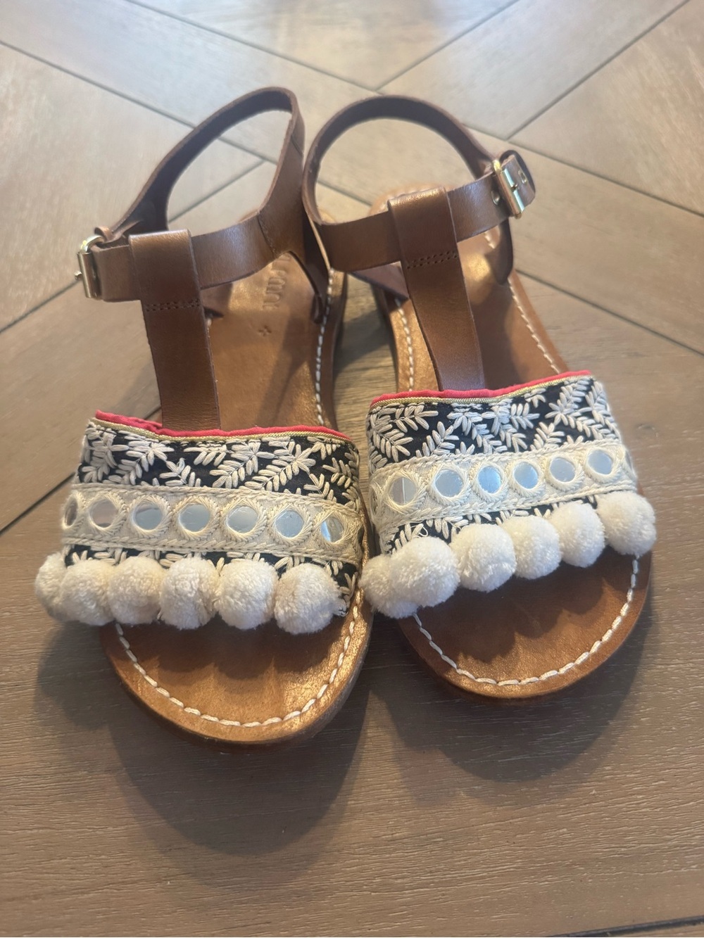 Anthropologie DVLPMNT Brown Genuine Leather Pom-Pom & Embroidered Sandals - Picture 2 of 14
